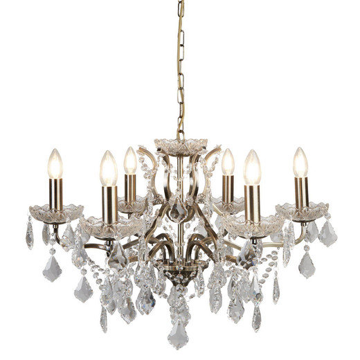 Searchlight Paris 6 Light Antique Brass with Clear Glass Crystal Chandelier