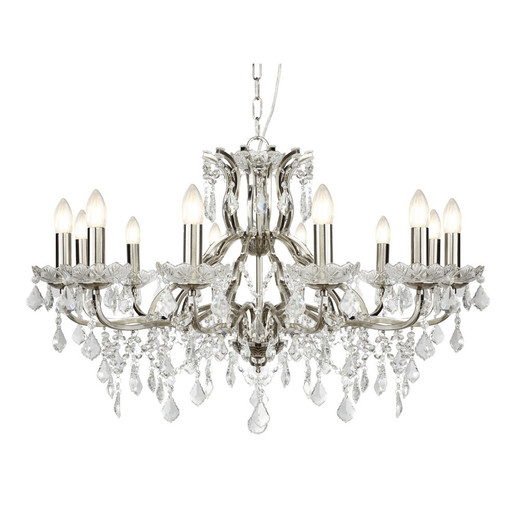 Searchlight Paris 12 Light Satin Silver with Clear Glass Crystal Chandelier