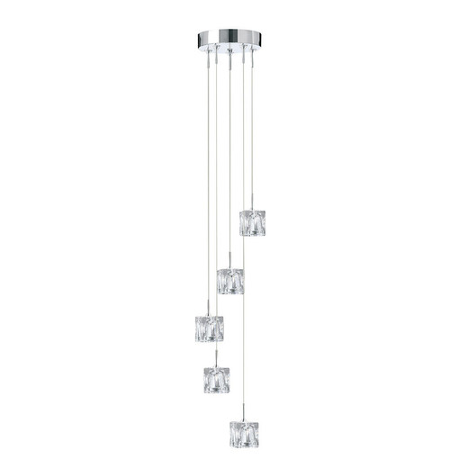 Searchlight Ice Cube 5 Light Chrome and Clear Glass Cube Dimmable LED Cluster Pendant
