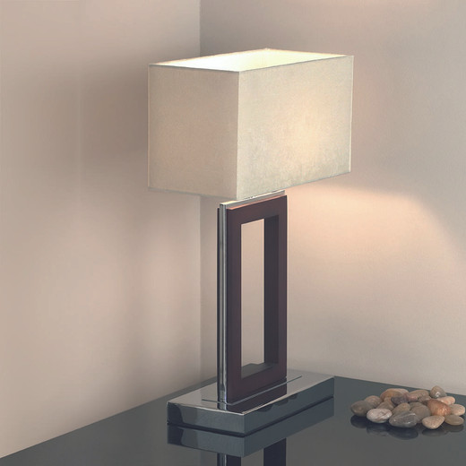 Endon Lighting Portal Chrome and Dark Wood with Cream Shade Table Lamp