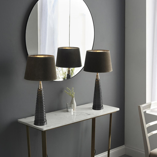 Endon Lighting Naia Dark Grey Ribbed Glass with Mocca Velvet Shade Table Lamp