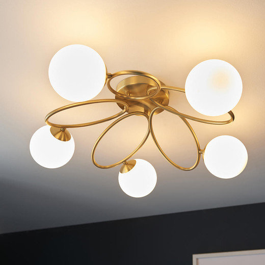 Endon Lighting Ellipse 5 Light Satin Brass and Opal Glass Semi-Flush Ceiling Light