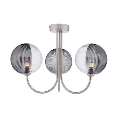 Jared 3 Light Satin Nickel with Smoked and Clear Ribbed Glass Semi ...