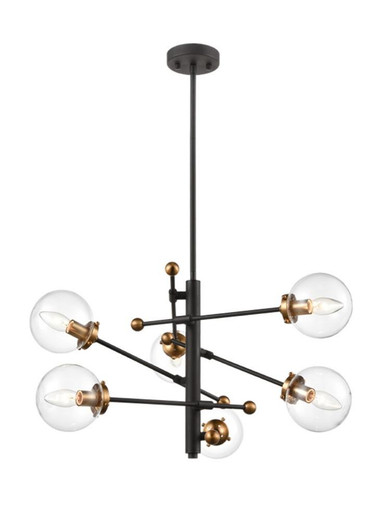 Diffraction 6 Light Black and Antique Gold with Clear Sphere Pendant Light