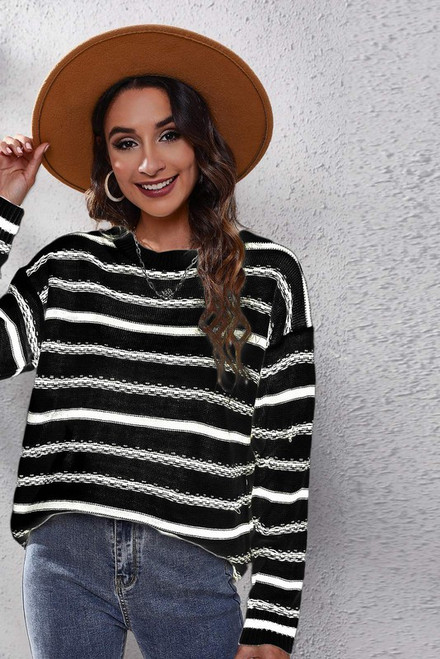 Black and White Striped Drop Shoulder Sweater