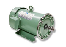 A green AGI 3 HP premium efficiency 3-phase electric motor with a 182TC frame, featuring a C-face flange, a mounting base, a top lifting eye bolt, and a side junction box.
