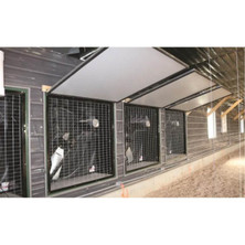 L.B. White insulated fan doors open above agricultural ventilation fans — representative installation; size and colour may differ