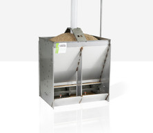 Crystal Spring WF2 flat-shelf wean-to-finish wet/dry feeder showing hopper and divided trough