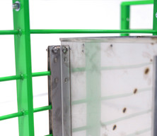 Close-up of Crystal Spring P1 pen feeder mounted to a green pen gate