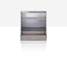 Front view of Crystal Spring S3 bucket-style sow feeder showing feeding shelf and trough