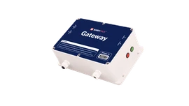 BarnTalk gateway with white enclosure, blue faceplate and side control buttons