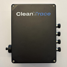 Front view of CleanTrace IP65 gateway black box showing side ports for RFID readers, weigh scales, cameras, Ethernet, USB, WiFi and Bluetooth connectivity