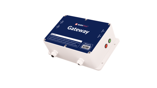 BarnTalk gateway with white enclosure, blue faceplate and side control buttons
