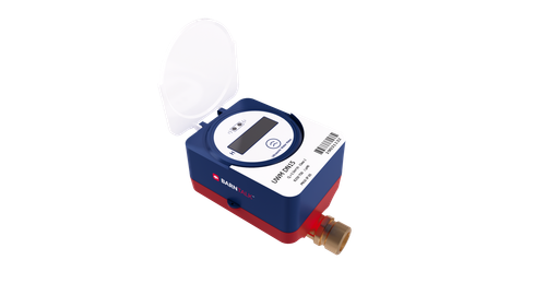 Representative BarnTalk brass wireless water meter with open display cover; connection size may vary