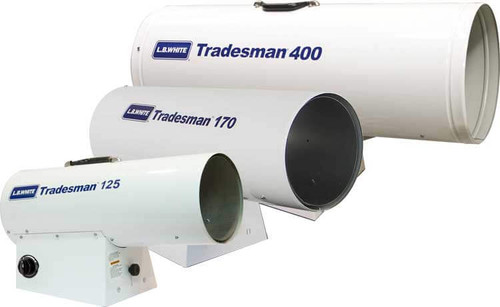 L.B. White Tradesman portable gas heater family, showing the 125, 170 and 400 models