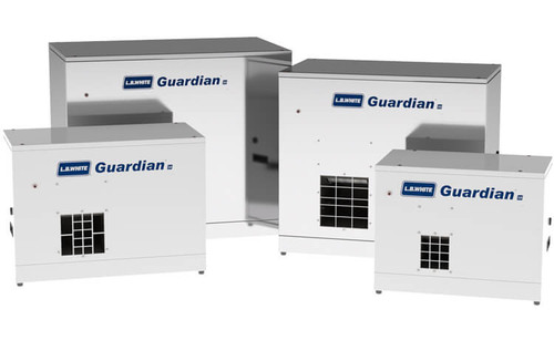 L.B. White Guardian 2.0 forced-air heater family, showing four cabinet sizes