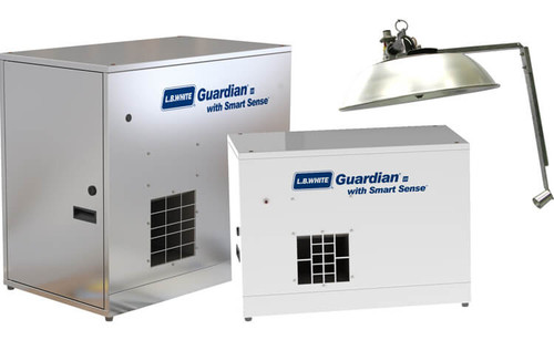 L.B. White Smart Sense heater family, showing two Guardian heaters and a radiant brooder