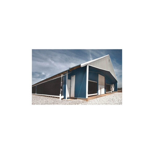 Reeves wrap-around evaporative cooling installation along the side and front of an agricultural building; representative configured installation