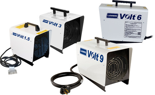 L.B. White Volt 3 electric forced-air heater, shown in manufacturer Volt 1.5, 3, 6 and 9 product lineup