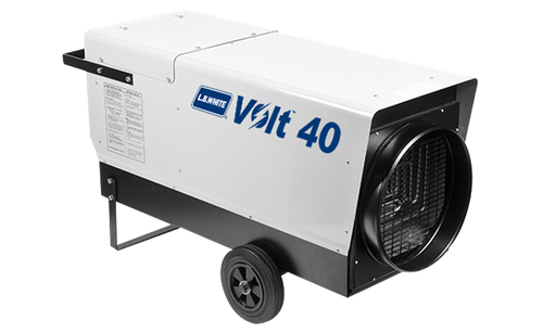 L.B. White Volt 40 electric forced-air heater with wheeled frame and front fan grille