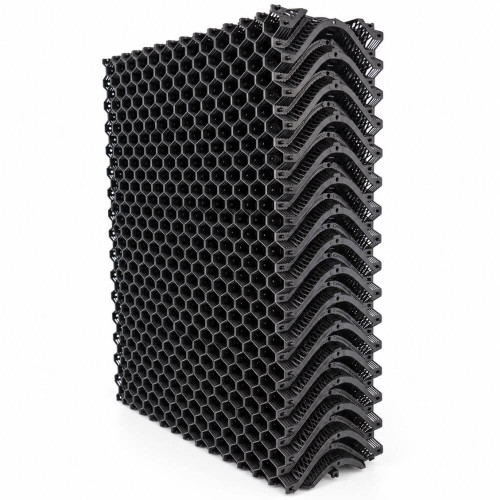 Agri Source Direct PP single-wave cross-type evaporative cooling pad, black plastic sample section showing honeycomb construction; other dimensions and configurations available within the product range.