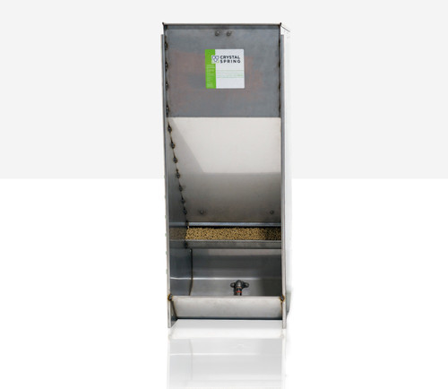 Front view of Crystal Spring P2X wet/dry pen shelf feeder with extended hopper