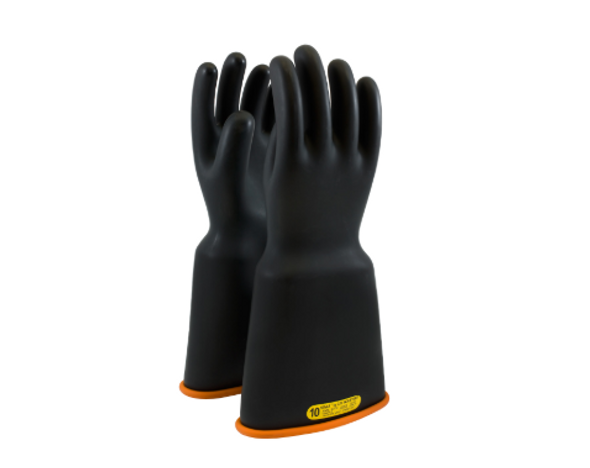 Class 2 Gloves 16" Length 17,000 VAC PIP Novax Bell Cuff Black Orange Rubber Gloves