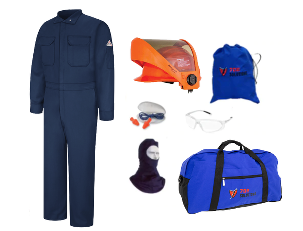 10 cal/cm² 70E Solutions Navy Blue Coverall Kit with AS1000HAT Faceshield