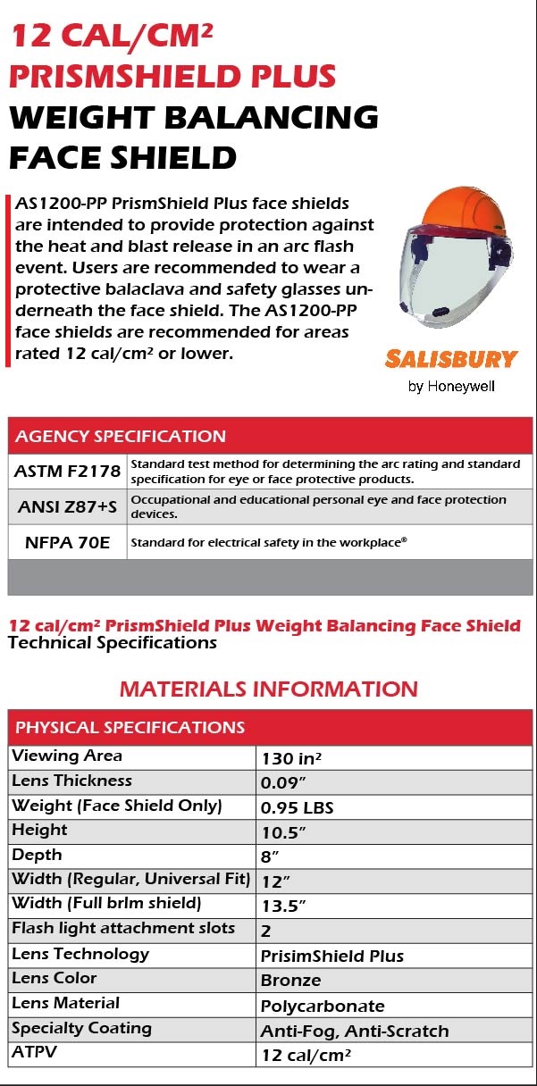 PRODUCT DESCRIPTION: 12 CAL/CM^2 PRISMSHIELD PLUS WEIGHT BALANCING FACE SHIELD AS 1200-PP PrismShield Plus face shields are intended to provide protection against the heat and blast release in an arc flash event. Users are recommended to wear a protective balaclava and safety glasses underneath the face shield. The AS1200-PP face shields are recommended for areas rated 12 cal/cm^2 or lower. ASTM F2178 ANSI Z87+S NFPA 70E Physical Specifications, Viewing Area 130 square inches, Lens Thickness 0.09 inches Weight (Face Shield Only) 0.95 pounds, Height 10.5 inches, Depth 8 inches, Width (Regular, Universal Fit) 12 inches, Width (Full brim shield) 13.5 inches, Flash light attachment slots 2, Lens technology PrismShield Plus, Lens Color Bronze, Lens Material Polycarbonate, Specialty Coating Anti-fog, Anti-Scratch, ATPV 12 cal/cm^2