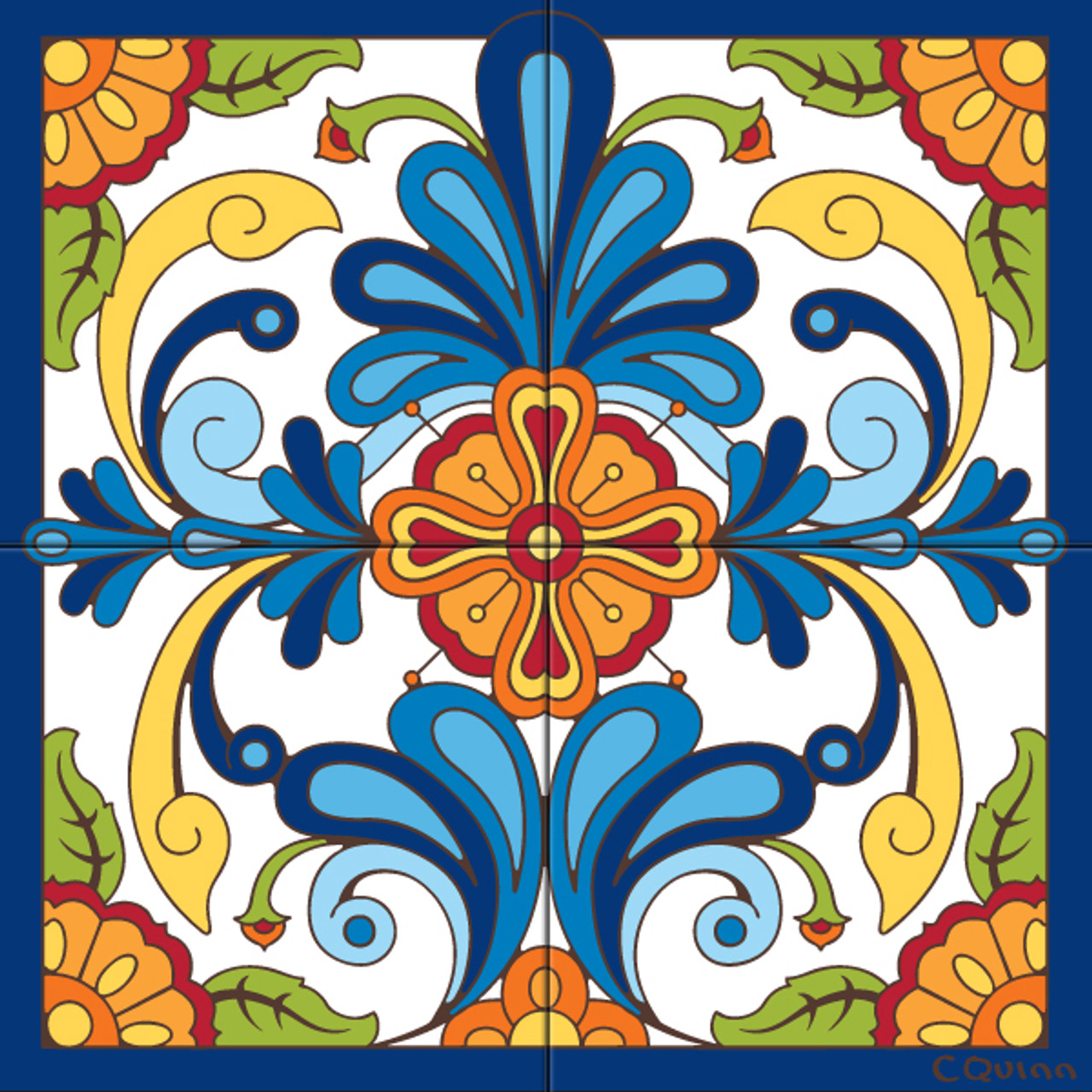 12"x12" Mural Blue Talavera Design Decorative Art Tile