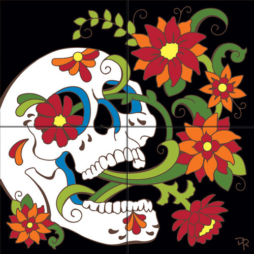 12"x12" Tile Mural Day of the Dead Blooming Skull