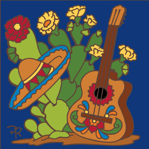 6x6 Tile Guitar with Sombrero and Prickly Pear Cactus