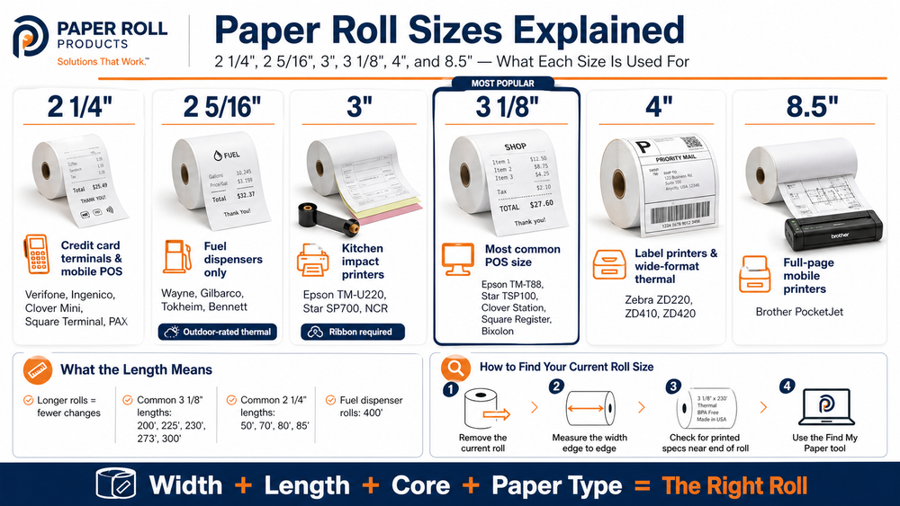 Paper Roll Sizes Explained — 2 1/4", 3 1/8", 2 5/16" and More