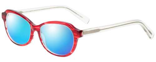 Profile View of Eyebobs CPA 2738-01 Designer Polarized Sunglasses with Custom Cut Blue Mirror Lenses in Red Crystal Ladies Cateye Full Rim Acetate 51 mm