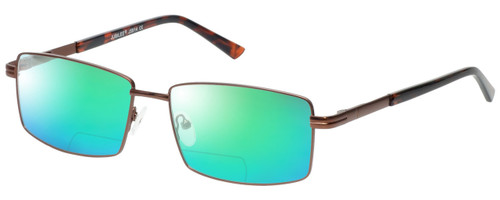 Profile View of Jubilee J5914 Designer Polarized Reading Sunglasses with Custom Cut Powered Green Mirror Lenses in Matte Brown Mens Rectangle Full Rim Metal 60 mm