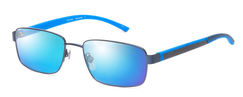 Profile View of Ducks Unlimited Skybuster Designer Polarized Sunglasses with Custom Cut Blue Mirror Lenses in Blue Mens Rectangle Full Rim Metal 54 mm