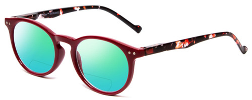 Profile View of Calabria MDR8003 Designer Polarized Reading Sunglasses with Custom Cut Powered Green Mirror Lenses in Maroon Red Crystal Spot Unisex Oval Full Rim Acetate 47 mm