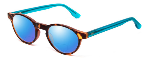Profile View of Ann Taylor ATR030 Designer Polarized Reading Sunglasses with Custom Cut Powered Blue Mirror Lenses in Tortoise Brown Gold Turquoise Crystal Blue Ladies Round Full Rim Acetate 47 mm