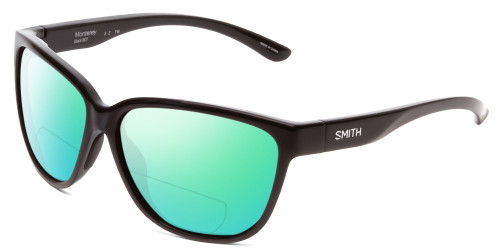 Profile View of Smith Optics Monterey Designer Polarized Reading Sunglasses with Custom Cut Powered Green Mirror Lenses in Gloss Black Ladies Cateye Full Rim Acetate 58 mm