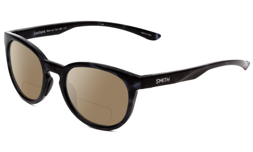 Profile View of Smith Optics Eastbank Designer Polarized Reading Sunglasses with Custom Cut Powered Amber Brown Lenses in Black Ice Tortoise Marble Unisex Round Full Rim Acetate 52 mm