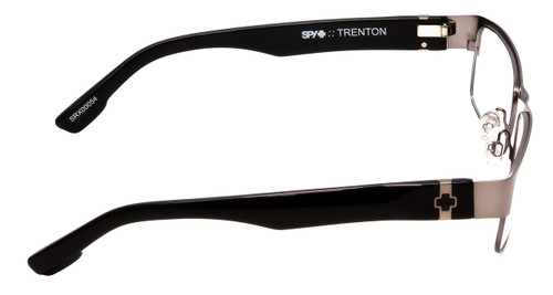 Profile View of SPY Optics Trenton Designer Blue Light Blocking Eyeglasses in Gun Metal Silver Black Unisex Rectangle Full Rim Metal 55 mm