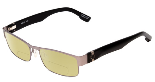 Profile View of SPY Optics Trenton Designer Polarized Reading Sunglasses with Custom Cut Powered Sun Flower Yellow Lenses in Gun Metal Silver Black Unisex Rectangle Full Rim Metal 55 mm