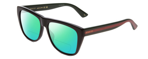 Profile View of GUCCI GG0926S Designer Polarized Reading Sunglasses with Custom Cut Powered Green Mirror Lenses in Gloss Black Red Stripe Green Gold Logo Mens Retro Full Rim Acetate 57 mm