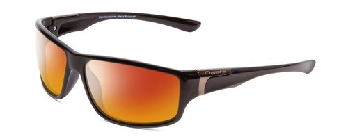 Profile View of Coyote P-37 Designer Polarized Sunglasses with Custom Cut Red Mirror Lenses in Gloss Black Unisex Rectangle Full Rim Acetate 61 mm
