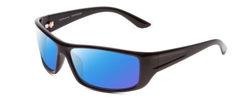 Profile View of Coyote P-59 Designer Polarized Sunglasses with Custom Cut Blue Mirror Lenses in Black Rose Unisex Wrap Full Rim Acetate 63 mm