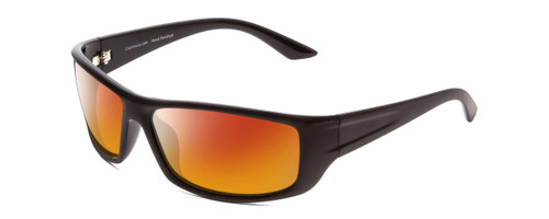 Profile View of Coyote P-59 Designer Polarized Sunglasses with Custom Cut Red Mirror Lenses in Matte Black Grey Unisex Wrap Full Rim Acetate 63 mm