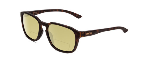 Profile View of Smith Optics Contour Designer Polarized Reading Sunglasses with Custom Cut Powered Sun Flower Yellow Lenses in Matte Tortoise Havana Gold Unisex Square Full Rim Acetate 56 mm