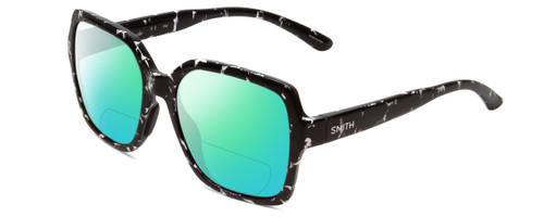 Profile View of Smith Optics Flare Designer Polarized Reading Sunglasses with Custom Cut Powered Green Mirror Lenses in Black Marble Tortoise Ladies Oversized Full Rim Acetate 57 mm