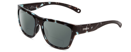 Profile View of Smith Optics Joya Designer Polarized Reading Sunglasses with Custom Cut Powered Smoke Grey Lenses in Sky Tortoise Havana Marble Brown Ladies Square Full Rim Acetate 56 mm