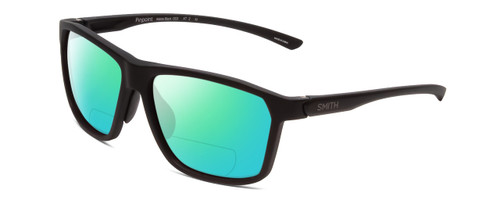 Profile View of Smith Optics Pinpoint Designer Polarized Reading Sunglasses with Custom Cut Powered Green Mirror Lenses in Matte Black Unisex Square Full Rim Acetate 59 mm